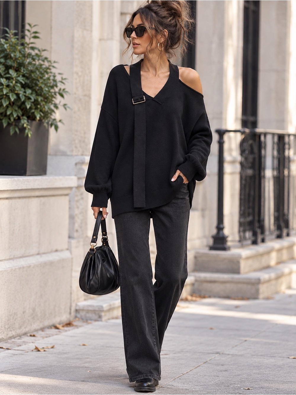Lucy Swhims x The Drop Black Cold Shoulder Buckle Strap Sweater L